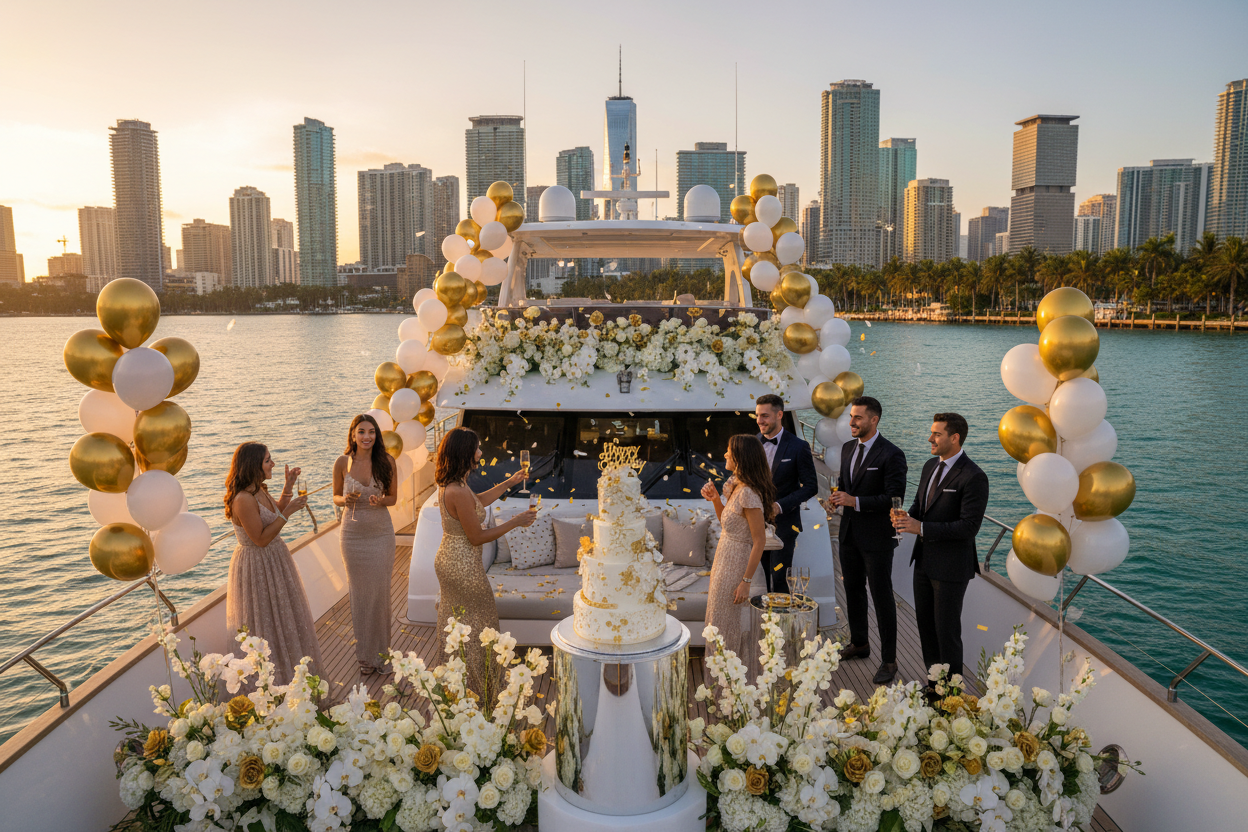Birthday yacht rental group celebrating on a private Miami yacht